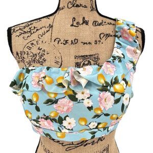 Victoria's Secret Swim Ruffle Bikini Top One Shoulder Padded Lemons Large‎ Blue